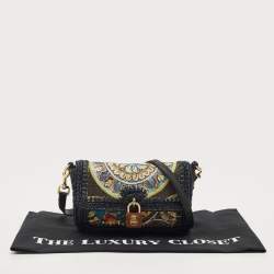 Pre Owned Dolce & Gabbana Navy Blue/Multicolor Printed Canvas and Straw Padlock Shoulder Bag