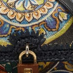 Pre Owned Dolce & Gabbana Navy Blue/Multicolor Printed Canvas and Straw Padlock Shoulder Bag