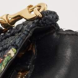 Pre Owned Dolce & Gabbana Navy Blue/Multicolor Printed Canvas and Straw Padlock Shoulder Bag
