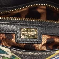 Pre Owned Dolce & Gabbana Navy Blue/Multicolor Printed Canvas and Straw Padlock Shoulder Bag