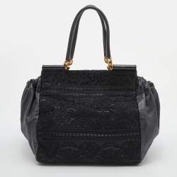 Pre Owned Dolce & Gabbana Black Lace and Leather Miss Sicily Top Handle Bag