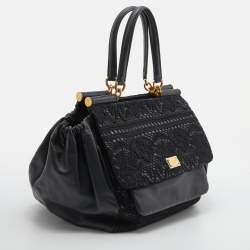 Pre Owned Dolce & Gabbana Black Lace and Leather Miss Sicily Top Handle Bag