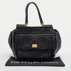 Pre Owned Dolce & Gabbana Black Lace and Leather Miss Sicily Top Handle Bag