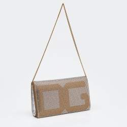 Pre Owned Dolce & Gabbana Gold/Silver Crystal Embellished and Watersnake Leather DG Chain Clutch