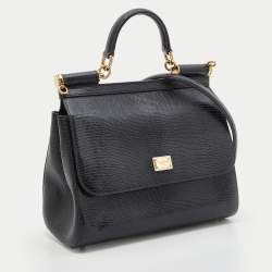 Pre Owned Dolce & Gabbana Black Lizard Embossed Leather Medium Miss Sicily Top Handle Bag with Wallet