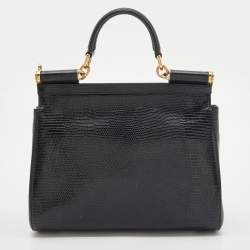 Pre Owned Dolce & Gabbana Black Lizard Embossed Leather Medium Miss Sicily Top Handle Bag with Wallet