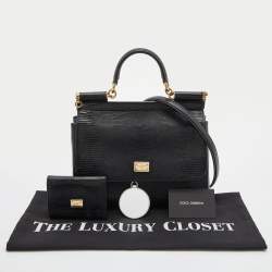 Pre Owned Dolce & Gabbana Black Lizard Embossed Leather Medium Miss Sicily Top Handle Bag with Wallet
