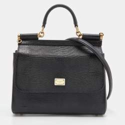 Pre Owned Dolce & Gabbana Black Lizard Embossed Leather Medium Miss Sicily Top Handle Bag with Wallet