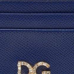 Dolce & Gabbana Blue Leather DG Crystal Logo Card Holder