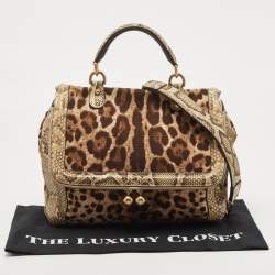 Pre Owned Dolce & Gabbana Brown Leopard Print Canvas & Python Skin Leather Sicily Shoulder Bag
