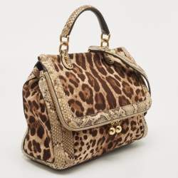 Pre Owned Dolce & Gabbana Brown Leopard Print Canvas & Python Skin Leather Sicily Shoulder Bag