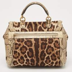 Pre Owned Dolce & Gabbana Brown Leopard Print Canvas & Python Skin Leather Sicily Shoulder Bag