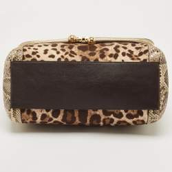 Pre Owned Dolce & Gabbana Brown Leopard Print Canvas & Python Skin Leather Sicily Shoulder Bag