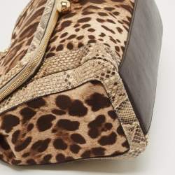 Pre Owned Dolce & Gabbana Brown Leopard Print Canvas & Python Skin Leather Sicily Shoulder Bag