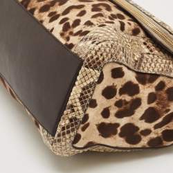 Pre Owned Dolce & Gabbana Brown Leopard Print Canvas & Python Skin Leather Sicily Shoulder Bag