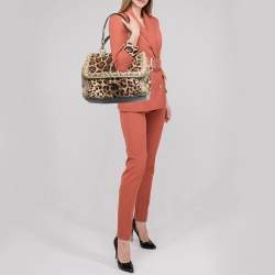 Pre Owned Dolce & Gabbana Brown Leopard Print Canvas & Python Skin Leather Sicily Shoulder Bag