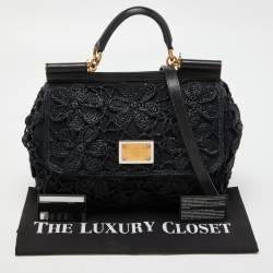 Pre Owned Dolce & Gabbana Black Crochet Raffia and Leather Large Miss Sicily Top Handle Bag