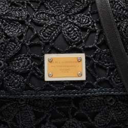 Pre Owned Dolce & Gabbana Black Crochet Raffia and Leather Large Miss Sicily Top Handle Bag