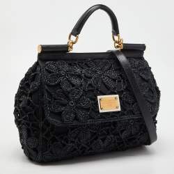 Pre Owned Dolce & Gabbana Black Crochet Raffia and Leather Large Miss Sicily Top Handle Bag