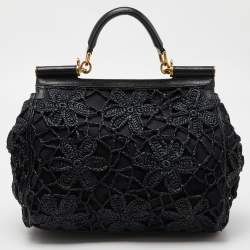 Pre Owned Dolce & Gabbana Black Crochet Raffia and Leather Large Miss Sicily Top Handle Bag