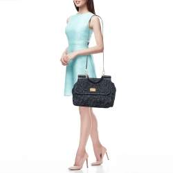 Pre Owned Dolce & Gabbana Black Crochet Raffia and Leather Large Miss Sicily Top Handle Bag