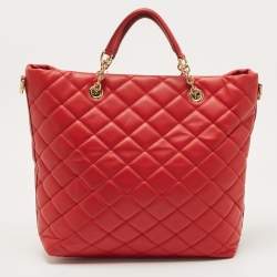 Pre Owned Dolce & Gabbana Red Quilted Leather Chain Shopper Tote