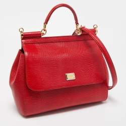 Dolce & Gabbana Red Lizard Embossed Leather Medium Miss Sicily Top Handle Bag