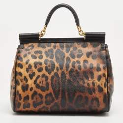 Pre Owned Dolce & Gabbana Black/Brown Leopard Print Coated Canvas Large Miss Sicily Top Handle Bag