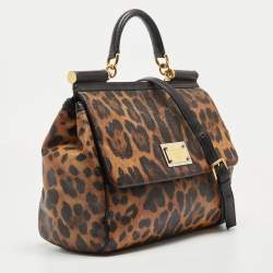Pre Owned Dolce & Gabbana Black/Brown Leopard Print Coated Canvas Large Miss Sicily Top Handle Bag