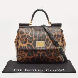 Pre Owned Dolce & Gabbana Black/Brown Leopard Print Coated Canvas Large Miss Sicily Top Handle Bag