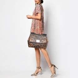 Pre Owned Dolce & Gabbana Black/Brown Leopard Print Coated Canvas Large Miss Sicily Top Handle Bag