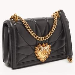 Pre Owned Dolce & Gabbana Black Leather Mini Devotion Chain Shoulder Bag