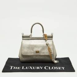 Pre Owned حقيبة يد علوية دولتشي أند غابانا ميس سيسيلي جلد نقشة الإغوانا بني يد علوية صغيرة