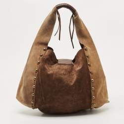 Pre Owned Dolce & Gabbana Beige/Brown Suede Studded D-Ring Flap Hobo