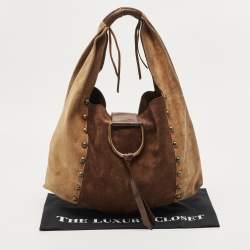 Pre Owned Dolce & Gabbana Beige/Brown Suede Studded D-Ring Flap Hobo