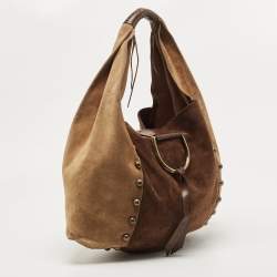Pre Owned Dolce & Gabbana Beige/Brown Suede Studded D-Ring Flap Hobo