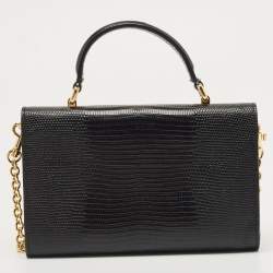 Pre Owned Dolce & Gabbana Black Lizard Embossed Leather Lucia Wallet on Chain
