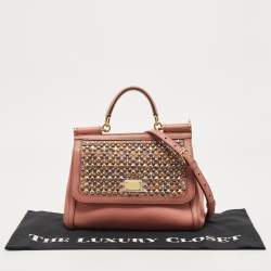 Pre Owned Dolce & Gabbana Old Rose Leather Medium Embellished Sicily Top Handle Bag