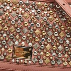 Pre Owned Dolce & Gabbana Old Rose Leather Medium Embellished Sicily Top Handle Bag