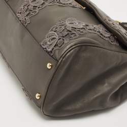 Pre Owned Dolce & Gabbana Grey Lace and Leather Large Miss Sicily Top Handle Bag