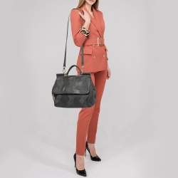 Pre Owned Dolce & Gabbana Grey Lace and Leather Large Miss Sicily Top Handle Bag