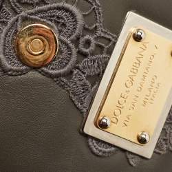 Pre Owned Dolce & Gabbana Grey Lace and Leather Large Miss Sicily Top Handle Bag