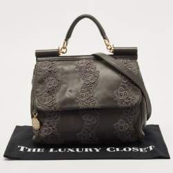 Pre Owned Dolce & Gabbana Grey Lace and Leather Large Miss Sicily Top Handle Bag