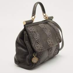 Pre Owned Dolce & Gabbana Grey Lace and Leather Large Miss Sicily Top Handle Bag
