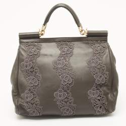 Pre Owned Dolce & Gabbana Grey Lace and Leather Large Miss Sicily Top Handle Bag