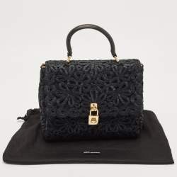 Pre Owned Dolce & Gabbana Black Straw and Leather Miss Dolce Top Handle Bag