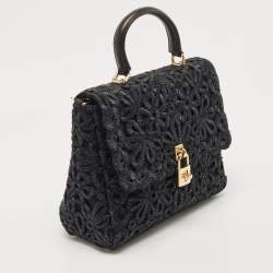 Pre Owned Dolce & Gabbana Black Straw and Leather Miss Dolce Top Handle Bag