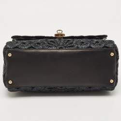 Pre Owned Dolce & Gabbana Black Straw and Leather Miss Dolce Top Handle Bag