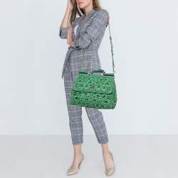 Pre Owned Dolce & Gabbana Green Straw Crochet Large Miss Sicily Top Handle Bag