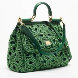 Pre Owned Dolce & Gabbana Green Straw Crochet Large Miss Sicily Top Handle Bag